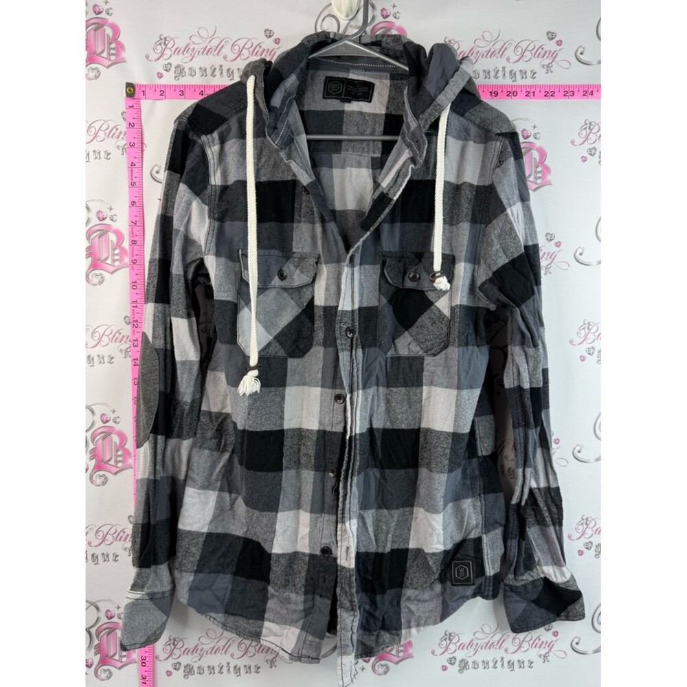 West forty nine plaid Men's Lightweight Black & Gray Plaid Hooded Shirt Jacket